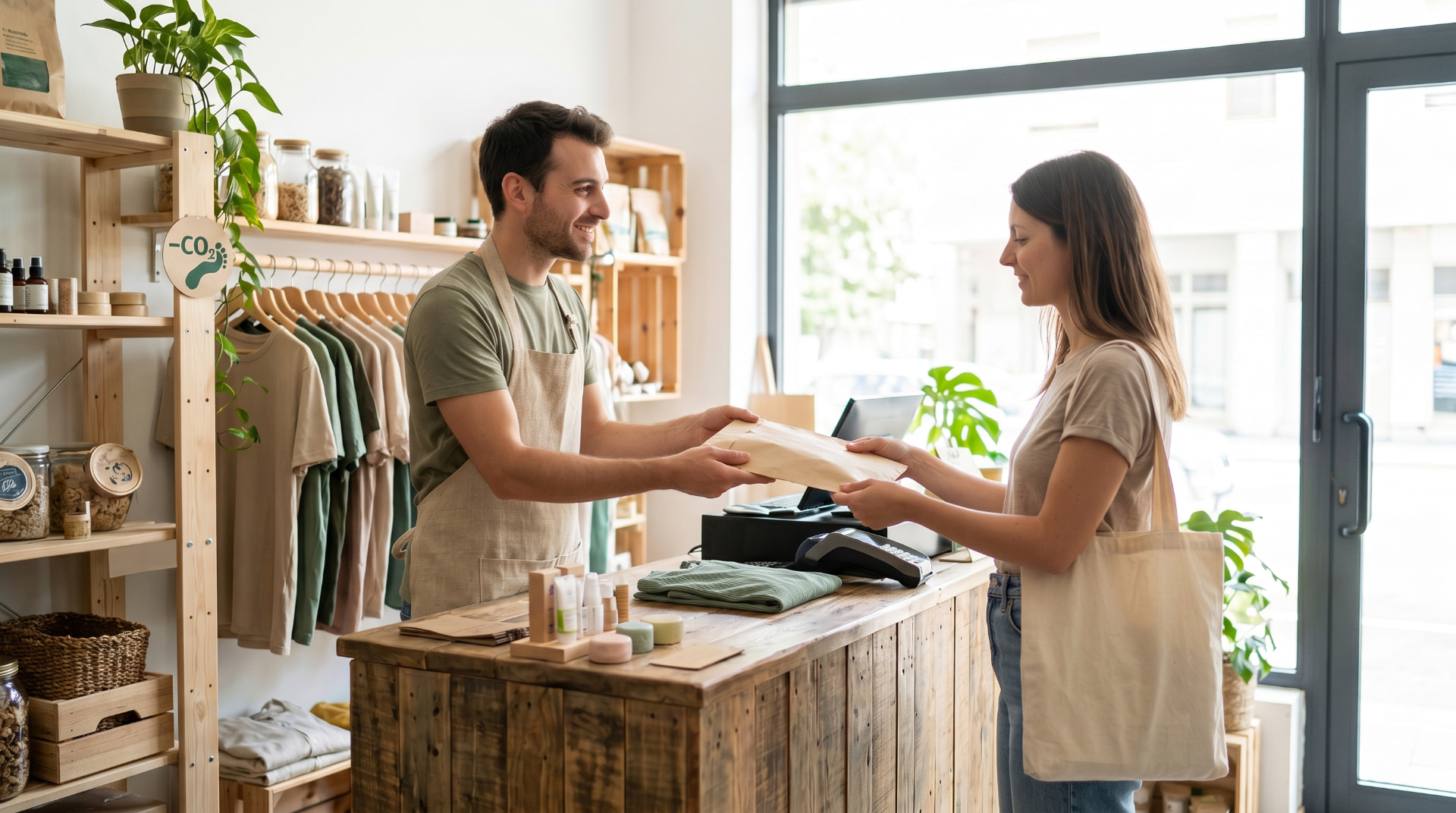 Un commesso porge una busta di carta a una cliente in un negozio sostenibile